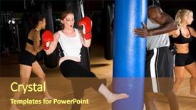  Presentation with mma - PPT theme consisting of woman kicking a heavy bag during a kick boxing class in an mma gym background and a tawny brown colored foreground