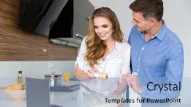  Presentation with cooking - Slide set with mixed method - beautiful couple using laptop background and a  colored foreground