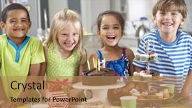  Presentation with children birthday - Colorful PPT theme enhanced with mixed people - group of children standing backdrop and a coral colored foreground