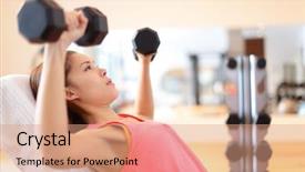  Presentation with lifting weights - Slide set with mixed race asian caucasian model background and a coral colored foreground