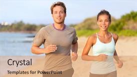  Presentation with running race - Cool new PPT theme with mixed race asian female model backdrop and a coral colored foreground