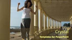  Presentation with railing - Theme having mixed-race-asian-woman-walks background and a tawny brown colored foreground