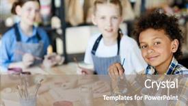  Presentation with art craft - Colorful slide deck enhanced with pottery kid - happy mixed-race boy with paintbrush backdrop and a coral colored foreground