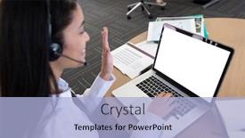  Presentation with online meeting - PPT theme with mixed-race-businesswoman-in-modern background and a light blue colored foreground