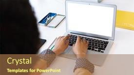  Presentation with social distancing - PPT theme consisting of mixed-race-businesswoman-sitting background and a coral colored foreground