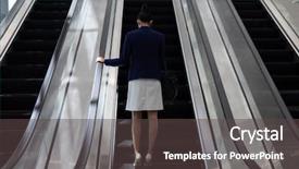  Presentation with race - Colorful presentation theme enhanced with mixed-race businesswoman using escalator backdrop and a dark gray colored foreground