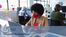 Presentation with woman office desk - Presentation design consisting of mixed-race-businesswoman-wearing-face background and a teal colored foreground