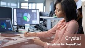  Presentation with writing pen - PPT theme with mixed-race-businesswoman-working background and a coral colored foreground