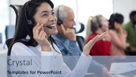  Presentation with business communications - Audience pleasing slide deck consisting of mixed-race-businesswoman-working backdrop and a light blue colored foreground