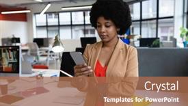  Presentation with social distancing - PPT layouts with mixed-race-businesswoman-working background and a coral colored foreground