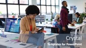  Presentation with woman office desk - Amazing PPT theme having mixed-race-businesswoman-working backdrop and a ocean colored foreground