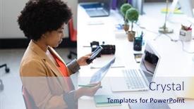  Presentation with woman office desk - PPT layouts consisting of mixed-race-businesswoman-working background and a sky blue colored foreground