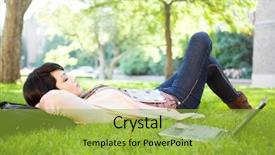  Presentation with college campus - Audience pleasing presentation theme consisting of mixed race college student sleeping backdrop and a yellow colored foreground