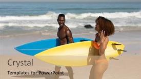  Presentation with surfing - Presentation theme featuring mixed-race-couple-enjoying-free background and a coral colored foreground