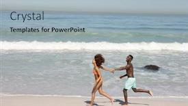  Presentation with running race - Slide set having mixed-race-couple-enjoying-free background and a light blue colored foreground