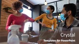  Presentation with face masks - Slide deck having mixed-race-female-colleagues-wearing background and a tawny brown colored foreground