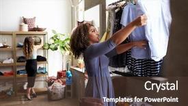  Presentation with clothes - Colorful presentation theme enhanced with mixed race female customer clothes backdrop and a tawny brown colored foreground
