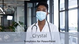  Presentation with medical worker - Audience pleasing slide deck consisting of mixed-race-female-doctor-standing backdrop and a light blue colored foreground