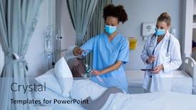  Presentation with ventilator - PPT theme featuring mixed-race-female-doctor-wearing background and a light blue colored foreground