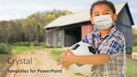  Presentation with face mask - PPT theme having mixed-race-hispanic-and-african background and a coral colored foreground