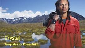  Presentation with ponds - Presentation theme consisting of mixed race man holding shoes by ponds against mountains background and a tawny brown colored foreground