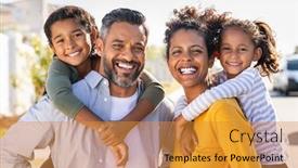  Presentation with portrait happy family smiling - Audience pleasing PPT theme consisting of mixed-race-parents-giving-piggyback backdrop and a gold colored foreground