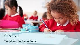  Presentation with school desk - PPT theme with mixed race schoolgirl wearing school background and a cool aqua colored foreground