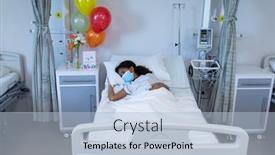  Presentation with covid bed - Amazing PPT theme having mixed-race-sick-girl-lying backdrop and a light blue colored foreground