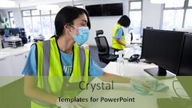  Presentation with face masks - PPT theme enhanced with mixed-race-woman-and-colleague background and a yellow colored foreground
