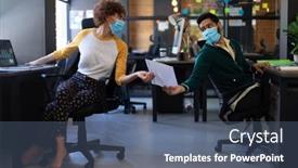  Presentation with face masks - Slide deck having mixed-race-woman-and-man background and a ocean colored foreground