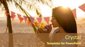  Presentation with sunset beach - Presentation theme featuring mixed-race-woman-enjoying background and a tawny brown colored foreground