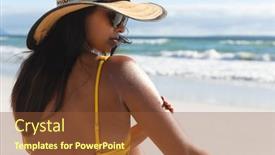  Presentation with holiday - Cool new PPT theme with mixed-race-woman-on-beach backdrop and a tawny brown colored foreground