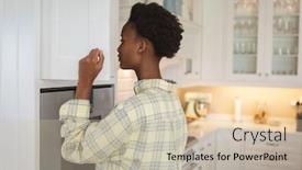  Presentation with kitchen cabinet - Presentation consisting of mixed-race-woman-spending-time background and a soft green colored foreground