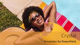  Presentation with racing diversity race ethnicity - Beautiful presentation theme featuring mixed-race-woman-sunbathing backdrop and a gold colored foreground