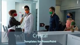  Presentation with waiting line - PPT layouts enhanced with mixed-race-woman-wearing-face background and a ocean colored foreground