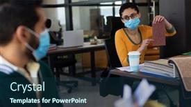  Presentation with hygiene - Beautiful PPT theme featuring mixed-race-woman-wearing-face backdrop and a navy blue colored foreground