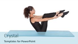  Presentation with pilates - Presentation design having mixed race woman in her forties pilates training on the mat isolated on white background and a light blue colored foreground