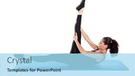  Presentation with pilates - Amazing presentation having mixed race woman in her forties pilates training on the mat isolated on white backdrop and a light blue colored foreground