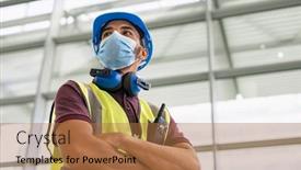 Presentation with face mask - Cool new slide set with mixed-race-young-architect-wearing backdrop and a coral colored foreground