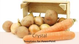  Presentation with root - Slides enhanced with mixed root vegetables for making hutspot in a wooden crate on a white background background and a yellow colored foreground