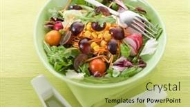  Presentation with maize - PPT theme consisting of mixed salad with slice grapes carrot arugula maize and green salad background and a yellow colored foreground