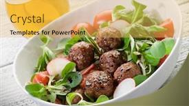  Presentation with soy - Slides having mixed salad with vegetarian meatballs slice radish and soy sprout background and a yellow colored foreground