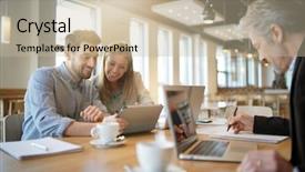  Presentation with team work and productivity - Beautiful presentation design featuring mixed sales team preparing pitch backdrop and a  colored foreground