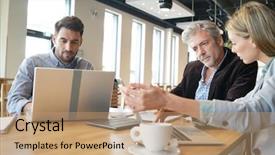  Presentation with team work - Slides consisting of mixed sales team preparing pitch background and a coral colored foreground