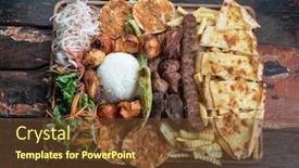  Presentation with kebab - Beautiful slide set featuring mixed turkish kebab plate isolated on rustic wooden table backdrop and a tawny brown colored foreground