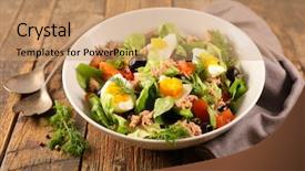  Presentation with tuna - PPT theme consisting of mixed vegetable salad with egg background and a coral colored foreground