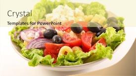  Presentation with feta cheese - PPT theme featuring mixed-vegetable-salad-with-tomato background and a blonde colored foreground