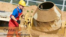  Presentation with concrete construction - Slide set with mixers - builder laborer man working background and a gold colored foreground