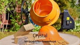  Presentation with concrete construction - Colorful PPT theme enhanced with mixers - construction concept bricks tools hard backdrop and a gold colored foreground