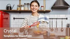  Presentation with business woman standing on maze - PPT theme featuring mixing eggs in a bowl background and a coral colored foreground